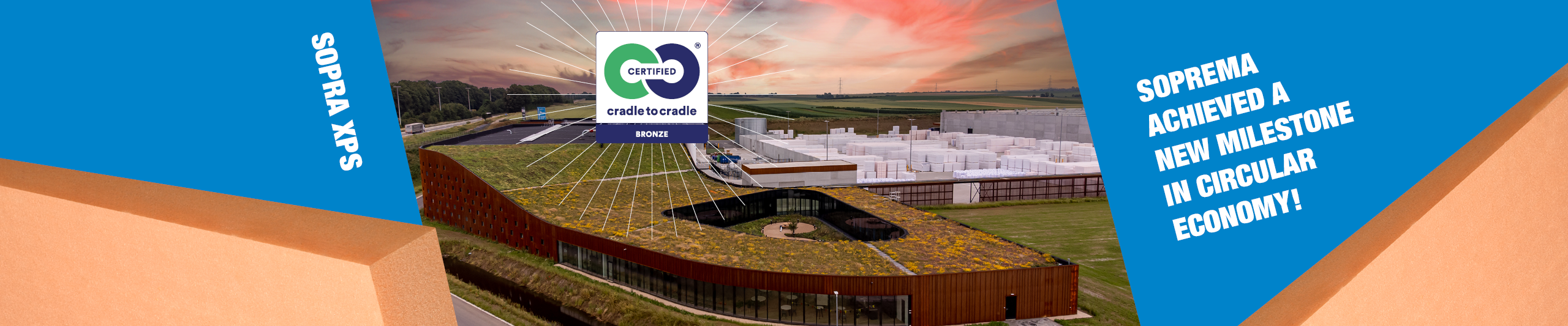 bronzen cradle-to-cradle-certificaat voor xps-isolatie van soprema met materiaal op achtergrond